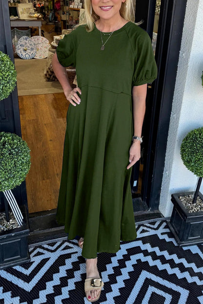 Octavia | Puff Sleeve Round Neck Maxi Dress — Army Green — Alfa Empire, view 7