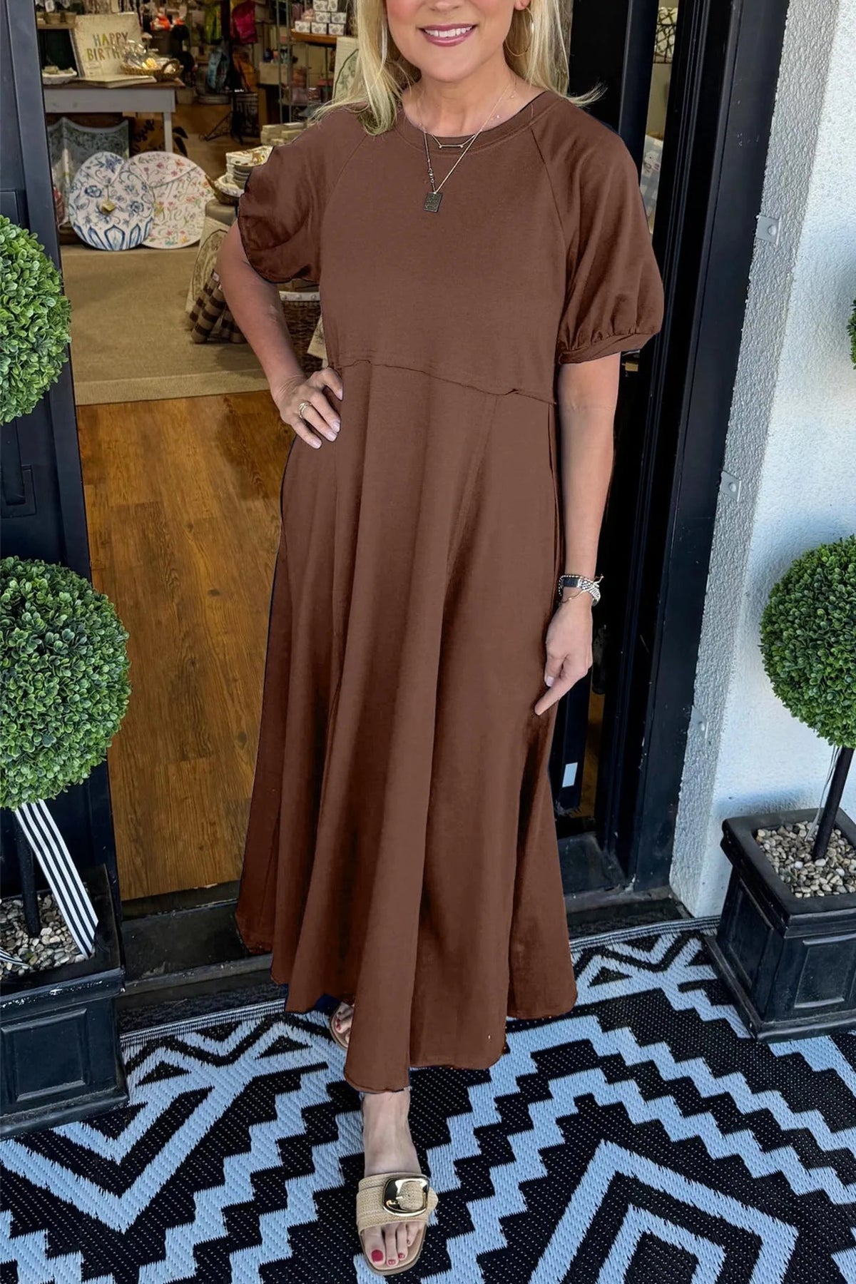 Octavia | Puff Sleeve Round Neck Maxi Dress — Brown — Alfa Empire, view 8