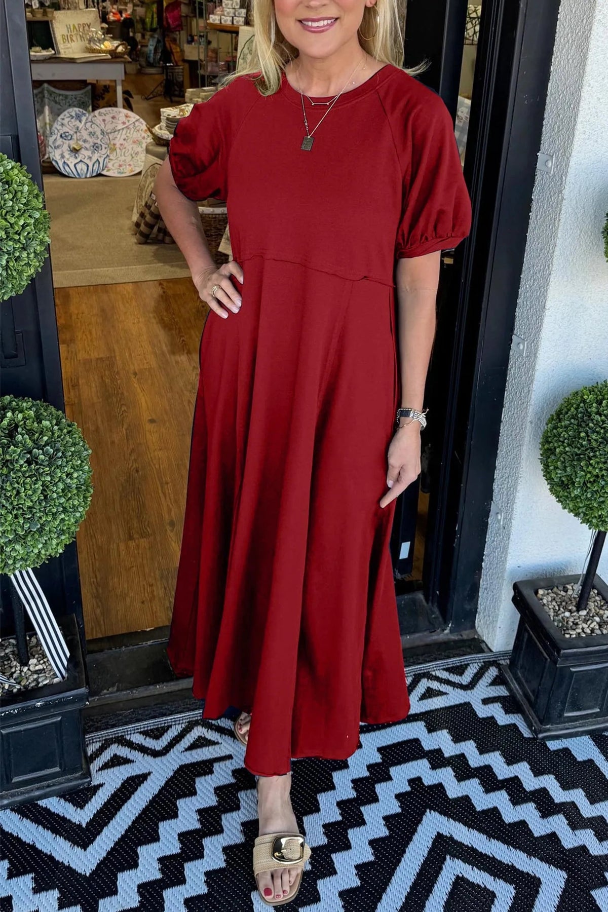 Octavia | Puff Sleeve Round Neck Maxi Dress — Wine Red — Alfa Empire, view 9