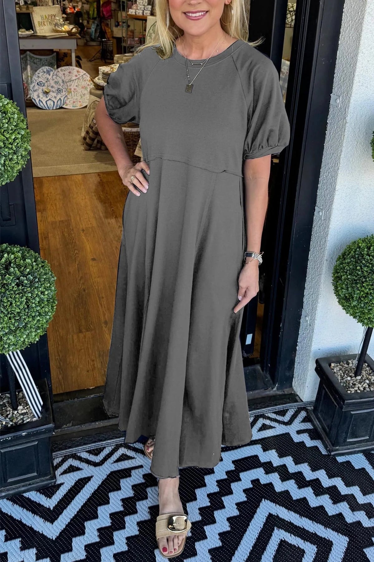 Octavia | Puff Sleeve Round Neck Maxi Dress — Gray — Alfa Empire, view 10