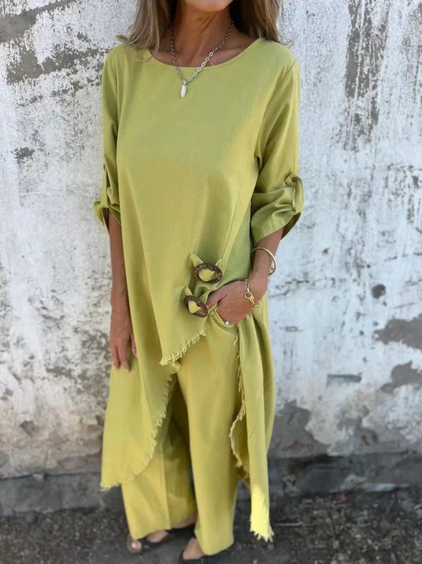 Octavia | Modern Round Neck Two Piece Set — Yellow — Alfa Empire, view 2