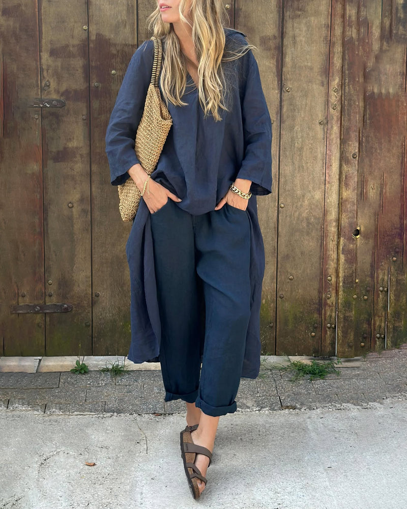 Odette | Refined Loose V-Neck Set — Navy Blue — Alfa Empire, view 1