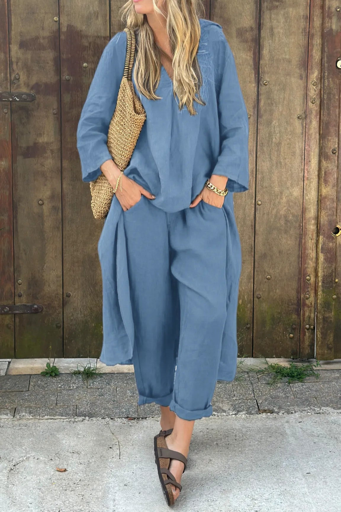 Odette | Refined Loose V-Neck Set — Sky Blue — Alfa Empire, view 5