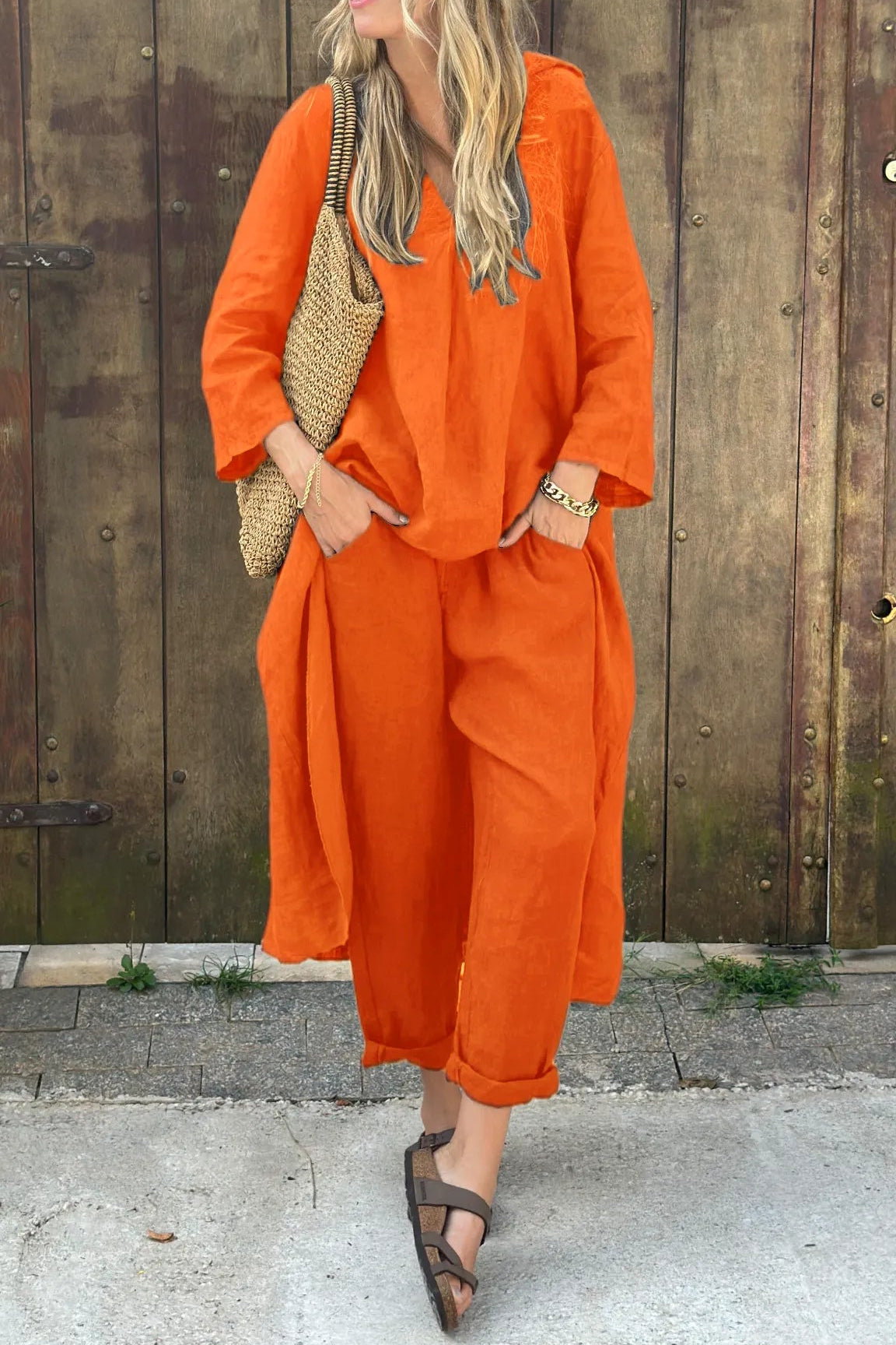 Odette | Refined Loose V-Neck Set — Orange — Alfa Empire, view 7