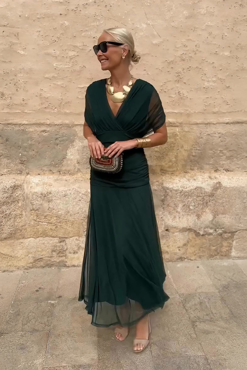 Philippa | Refined V-neck Party Maxi Dress — Emerald Green — Alfa Empire, view 1