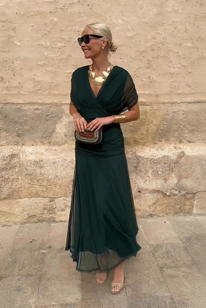 Philippa | Refined V-neck Party Maxi Dress — Emerald Green — Alfa Empire, view 1