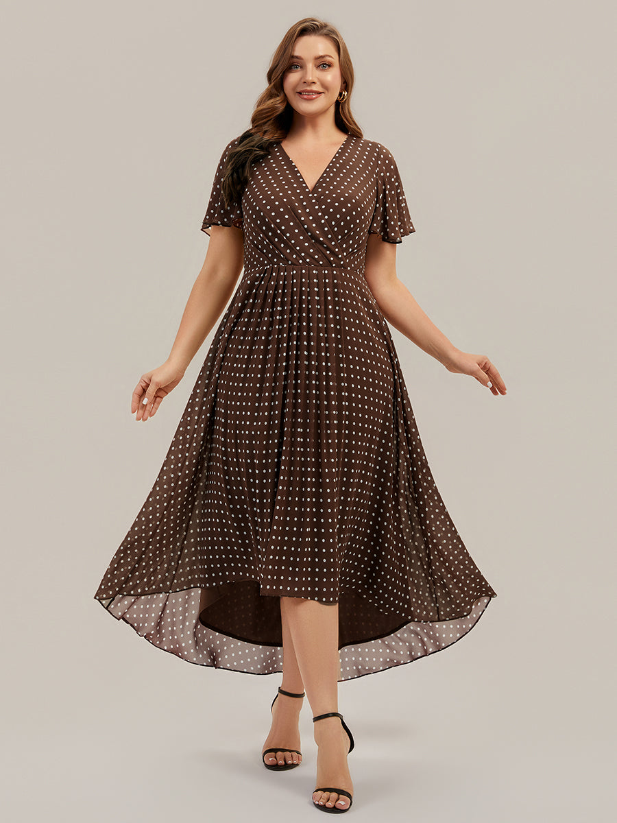 Plus Size Chiffon Printed Wedding Guest Dress — Brown Polka Dots