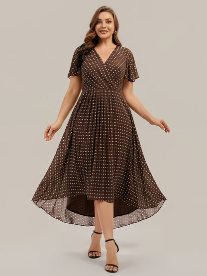 Plus Size Chiffon Printed Wedding Guest Dress — Brown Polka Dots