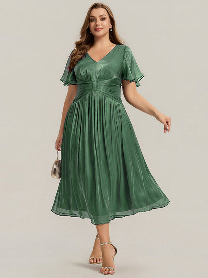 Plus Size Gathered Sea-island Wedding Guest Dress — Eucalyptus