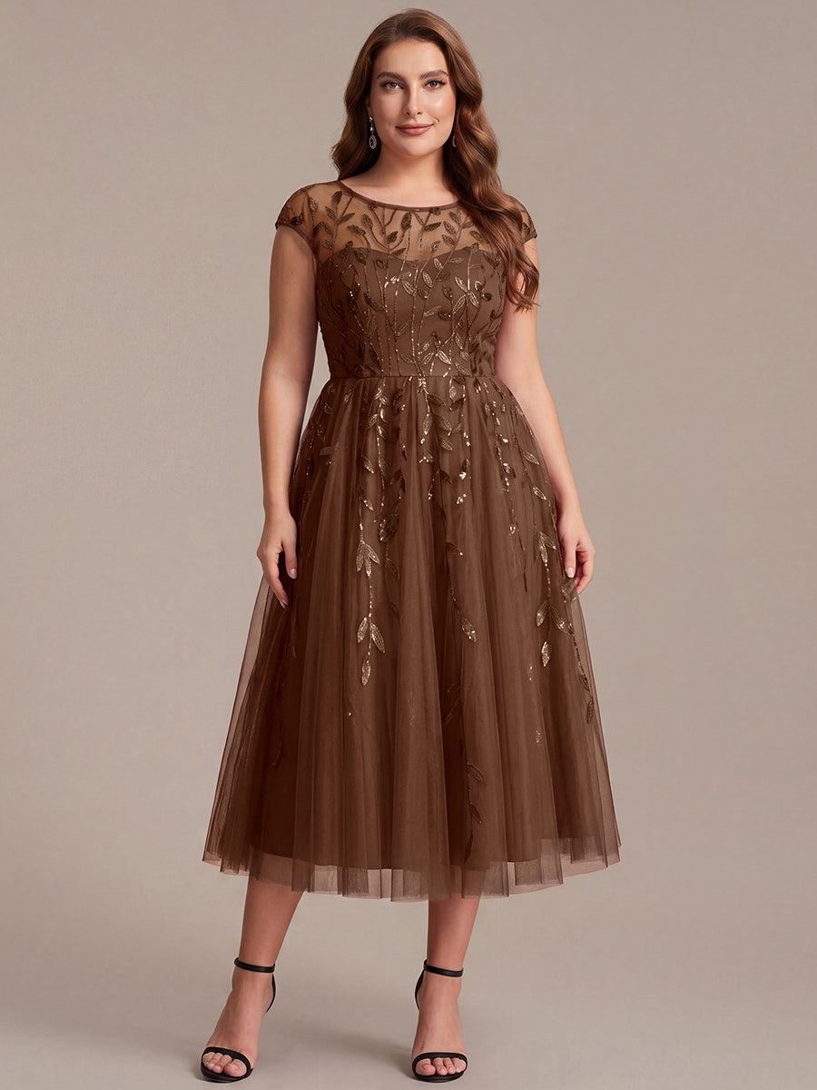 Plus Size Sequin See-through Wedding Guest Dress — Brown