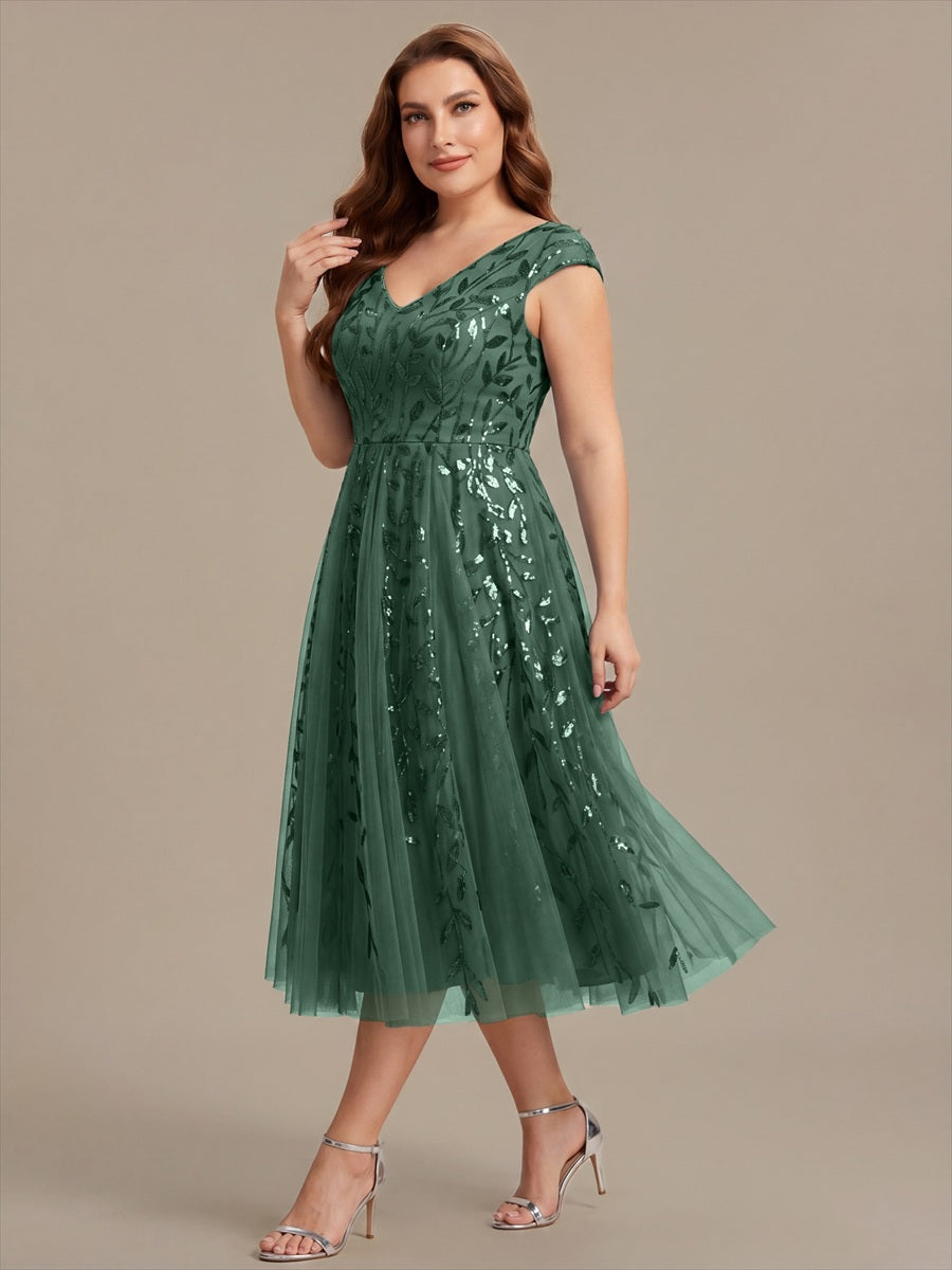 Plus Size Sequin V-Neck Wedding Guest Dress