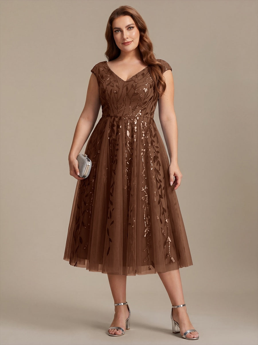 Plus Size Sequin V-Neck Wedding Guest Dress — Brown