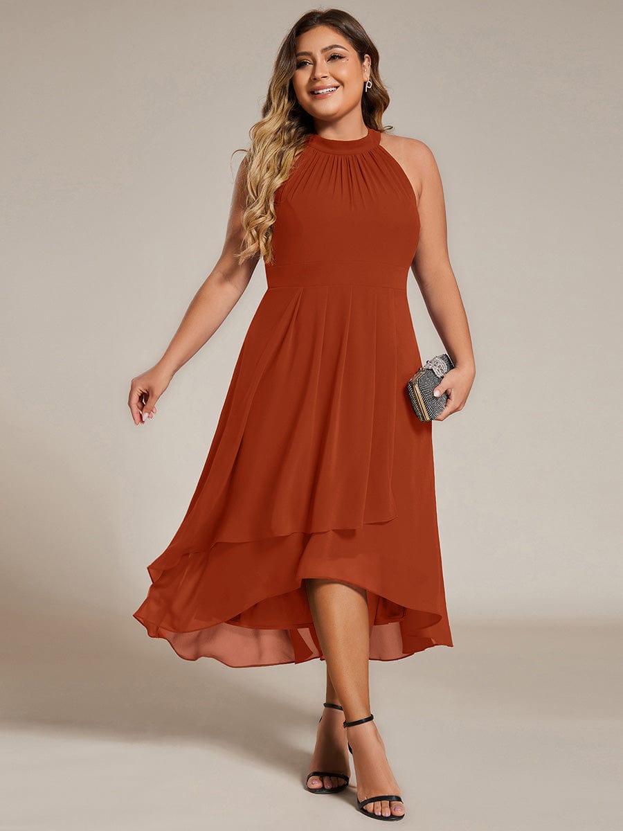 Chiffon Flowy Plus Size Halter Neck Midi Wedding Guest Dress — Burnt Orange
