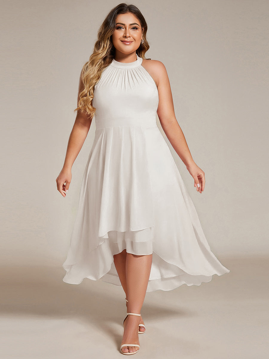 Chiffon Flowy Plus Size Halter Neck Midi Wedding Guest Dress — White