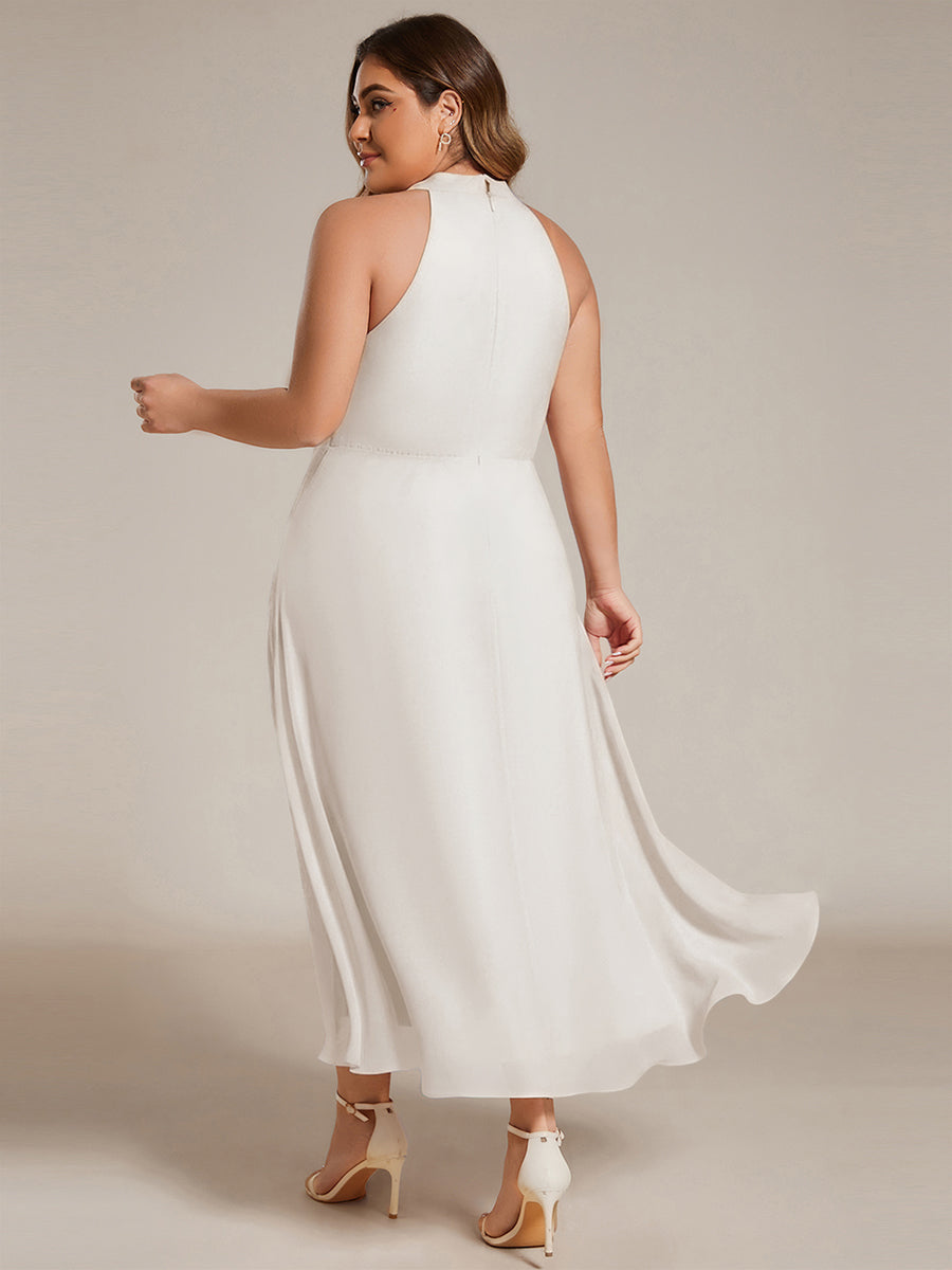 Chiffon Flowy Plus Size Halter Neck Midi Wedding Guest Dress