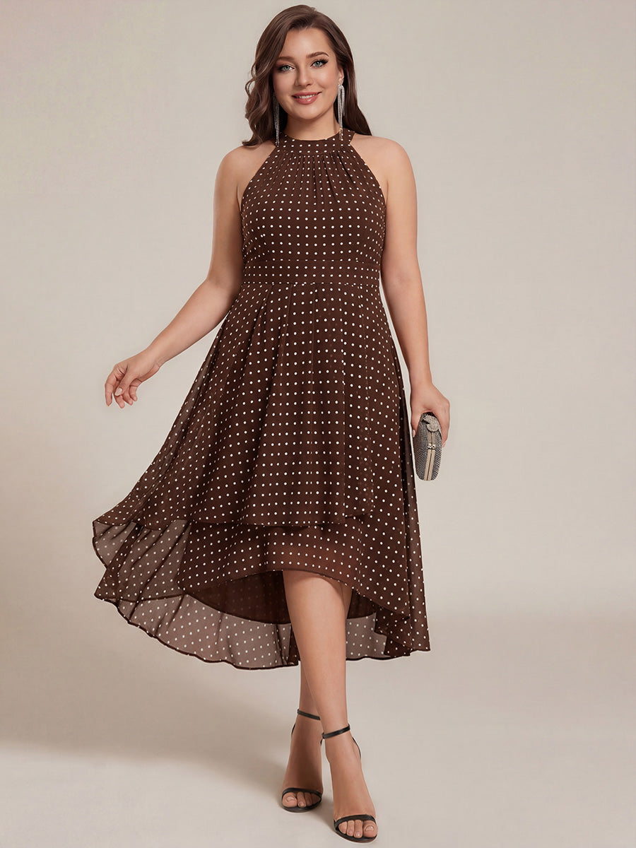 Chiffon Flowy Plus Size Halter Neck Midi Wedding Guest Dress — Brown Polka Dots