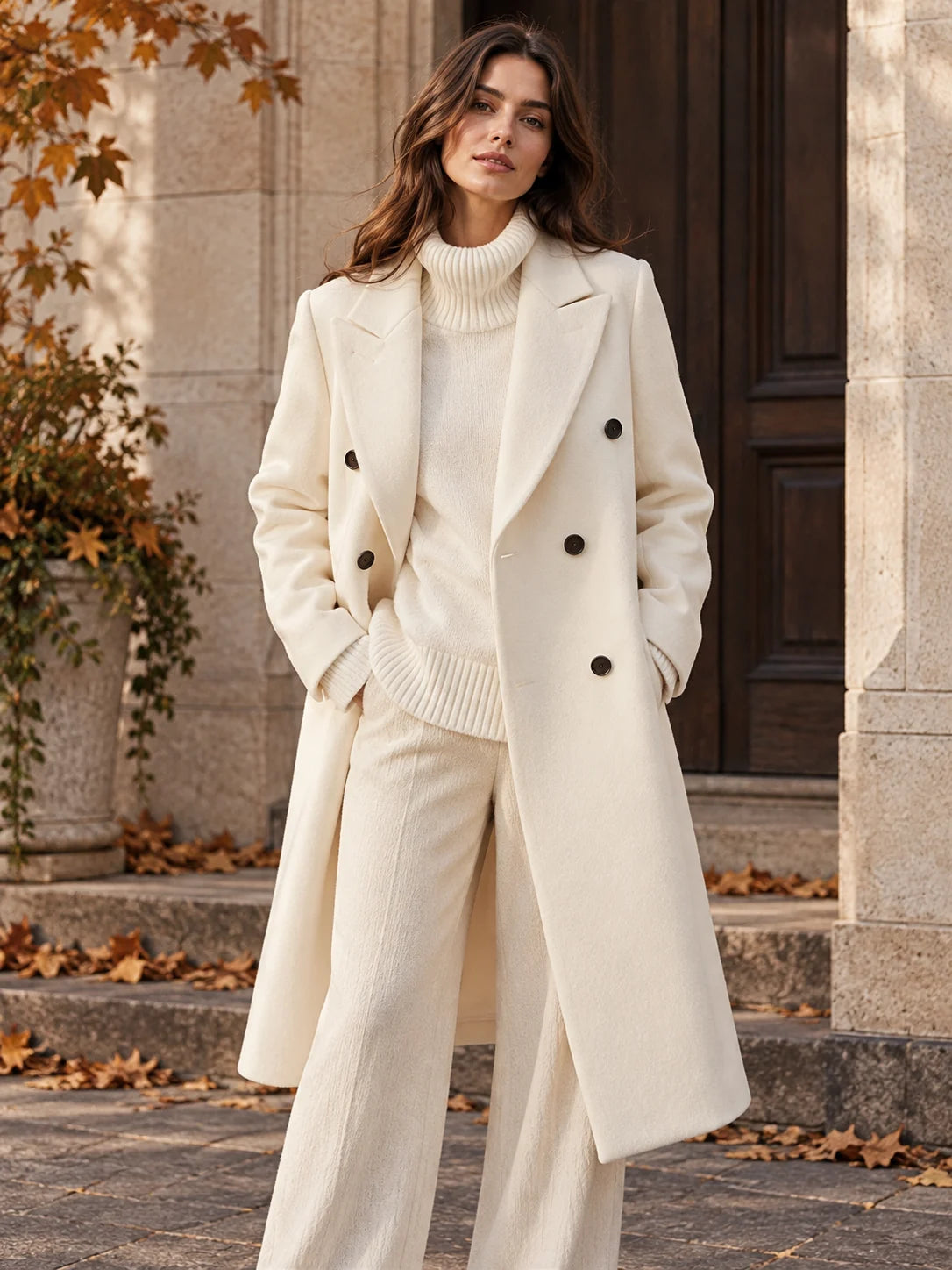 Woman wearing an ivory double-breasted coat — Alfa Empire Coats
