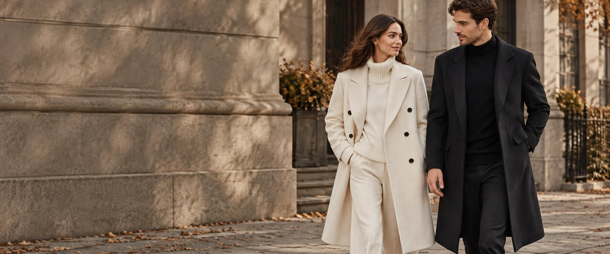 Woman in an ivory coat and man in a black overcoat outside a stone townhouse — Alfa Empire fall and winter collection