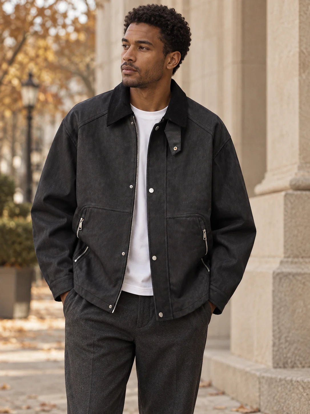 Man wearing a charcoal Harrington jacket — Alfa Empire Jackets