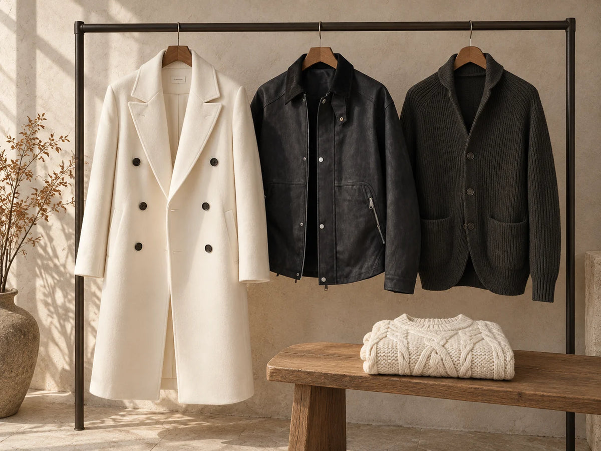 Ivory coat, charcoal jacket and cardigan with a folded cable-knit sweater — Alfa Empire
