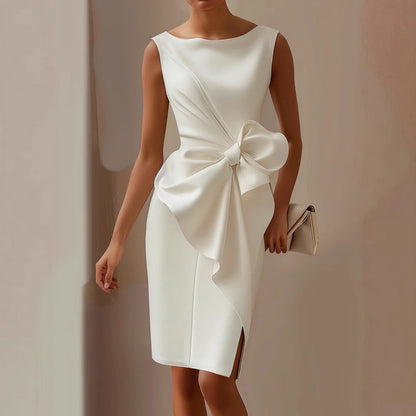 Quinn | Modern Sleeveless Ribbon Waist Dress — White — Alfa Empire, view 2