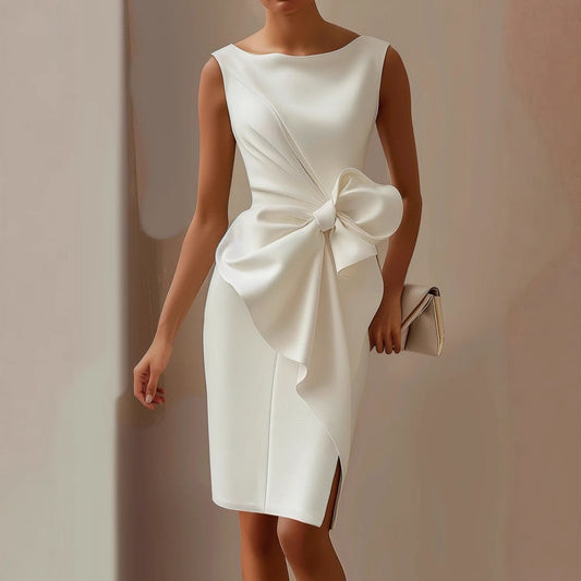 Quinn | Modern Sleeveless Ribbon Waist Dress — White — Alfa Empire, view 2