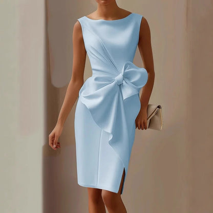 Quinn | Modern Sleeveless Ribbon Waist Dress — Blue — Alfa Empire, view 3