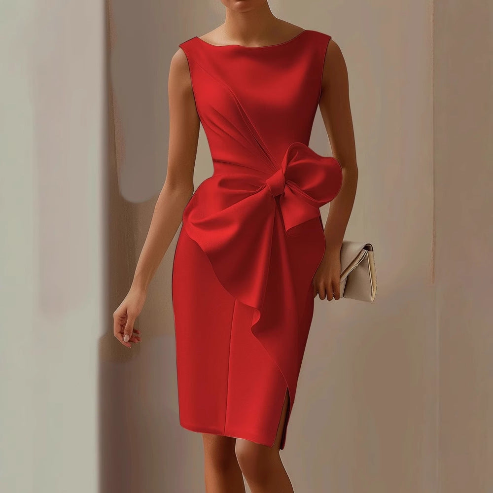 Quinn | Modern Sleeveless Ribbon Waist Dress — Red — Alfa Empire, view 4