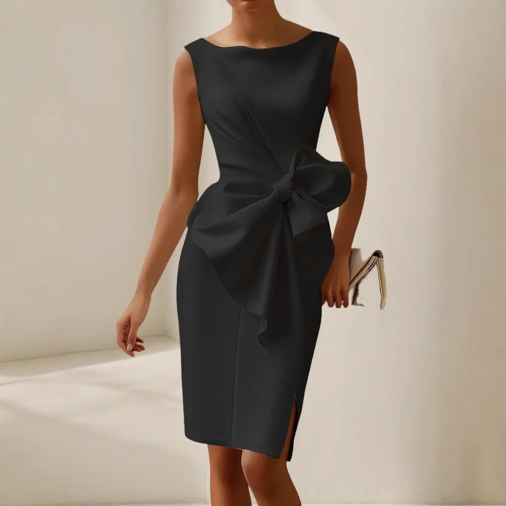 Quinn | Modern Sleeveless Ribbon Waist Dress — Black — Alfa Empire, view 5