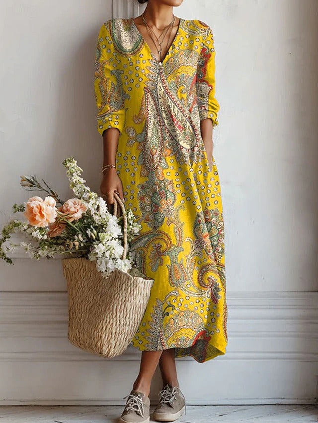 Rae | Casual Retro V-Neck Dress — Yellow — Alfa Empire, view 1