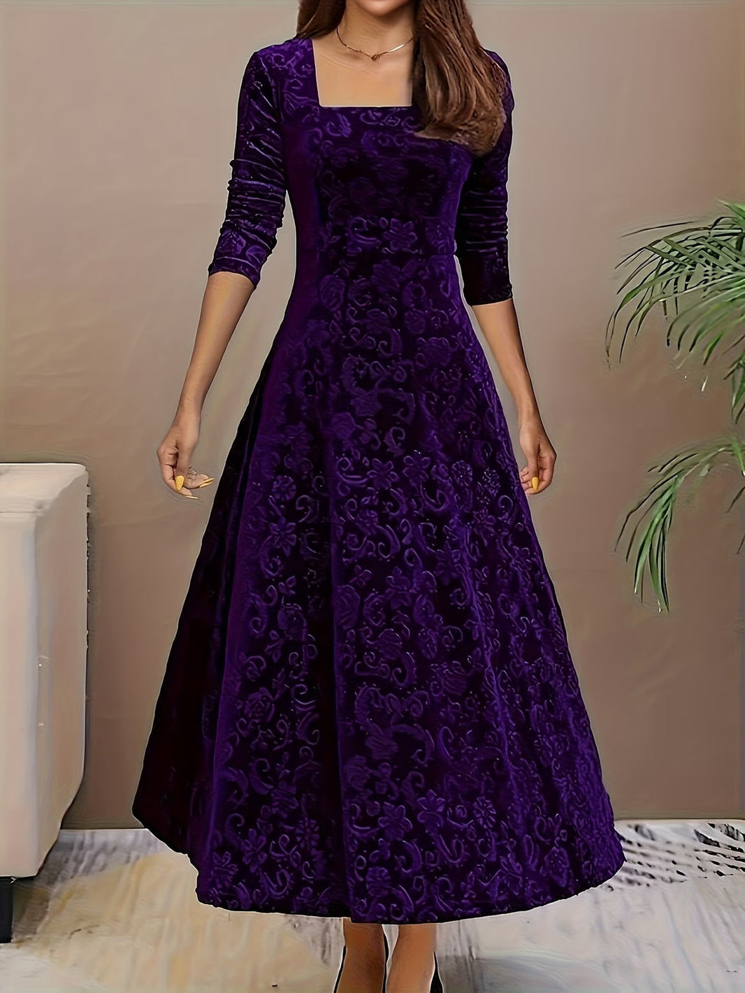 Renata | Refined Mid Sleeve Floral Dress — Navy Blue — Alfa Empire, view 3