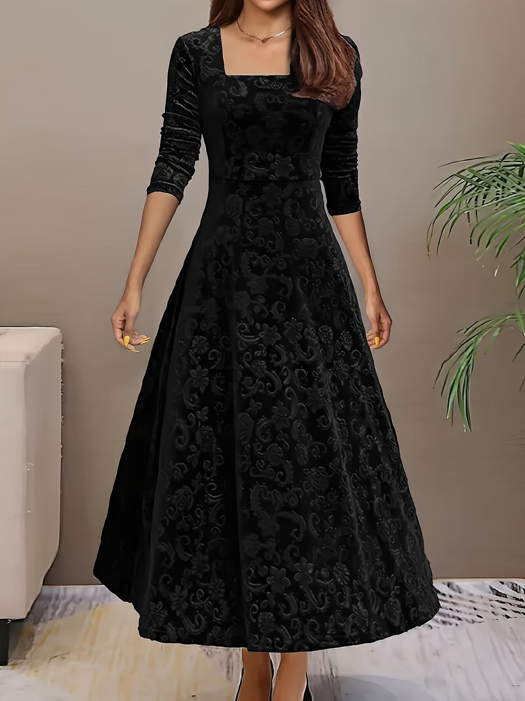 Renata | Refined Mid Sleeve Floral Dress — Black — Alfa Empire, view 4