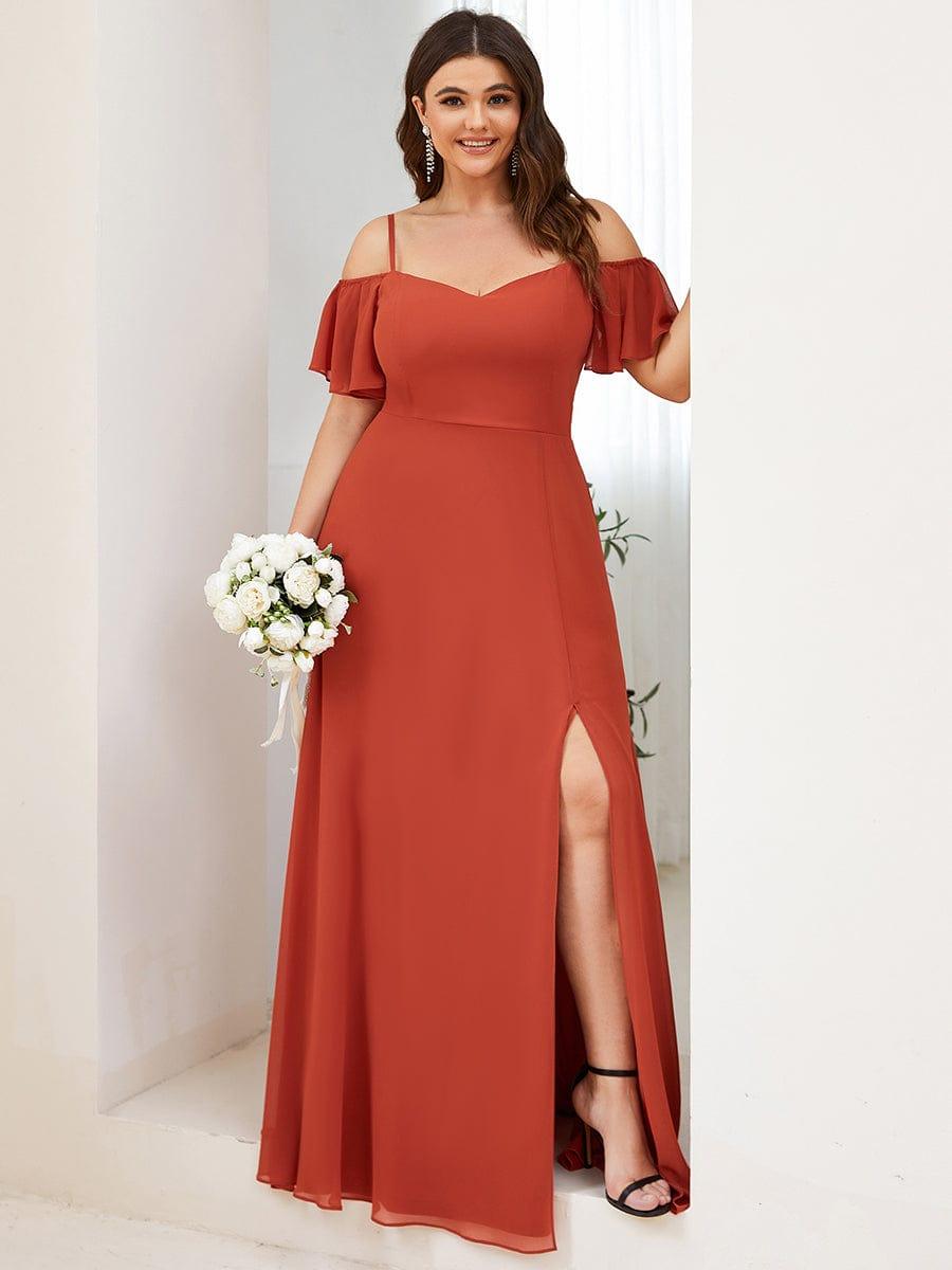 Plus Size Cold Shoulder Formal Bridesmaid Dress with Side Slit — Burnt Orange