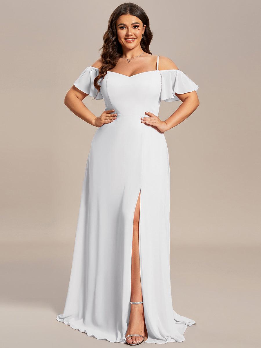 Plus Size Cold Shoulder Formal Bridesmaid Dress with Side Slit — White