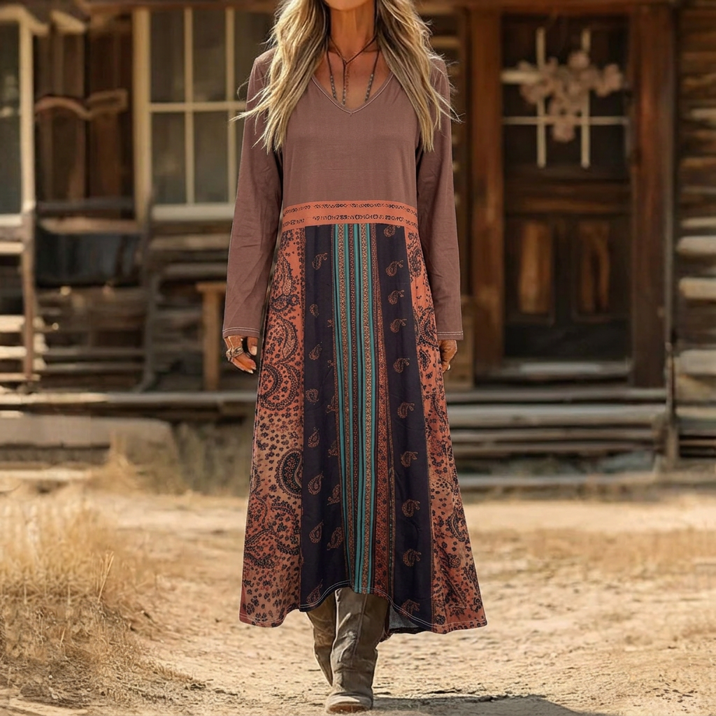 Reyna | Vintage V-Neck Long Sleeve Casual Dress — Multicolor — Alfa Empire, view 1