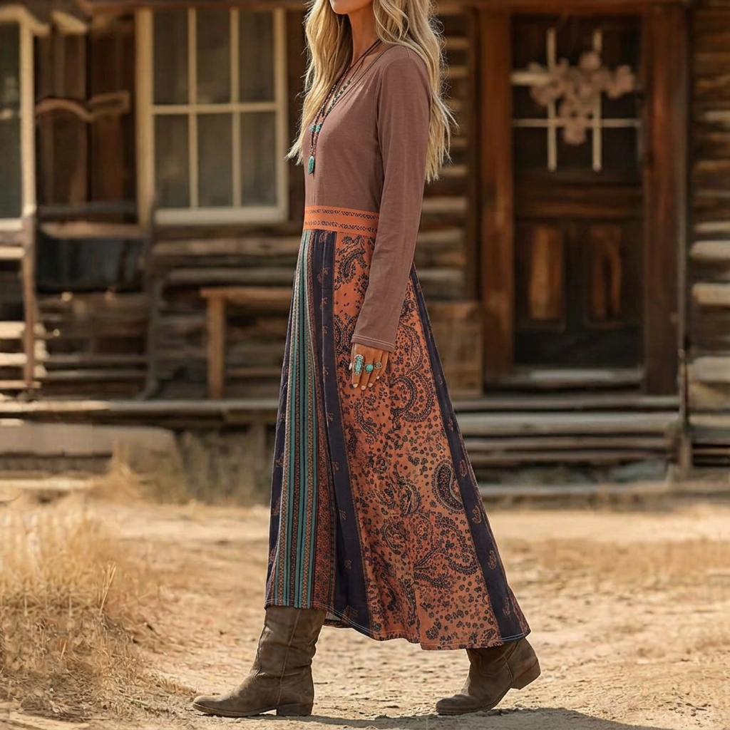 Reyna | Vintage V-Neck Long Sleeve Casual Dress — Alfa Empire, view 4