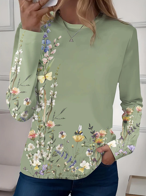 Robyn | Casual Long Sleeves Crew Neck Floral Shirt — Green — Alfa Empire, view 1