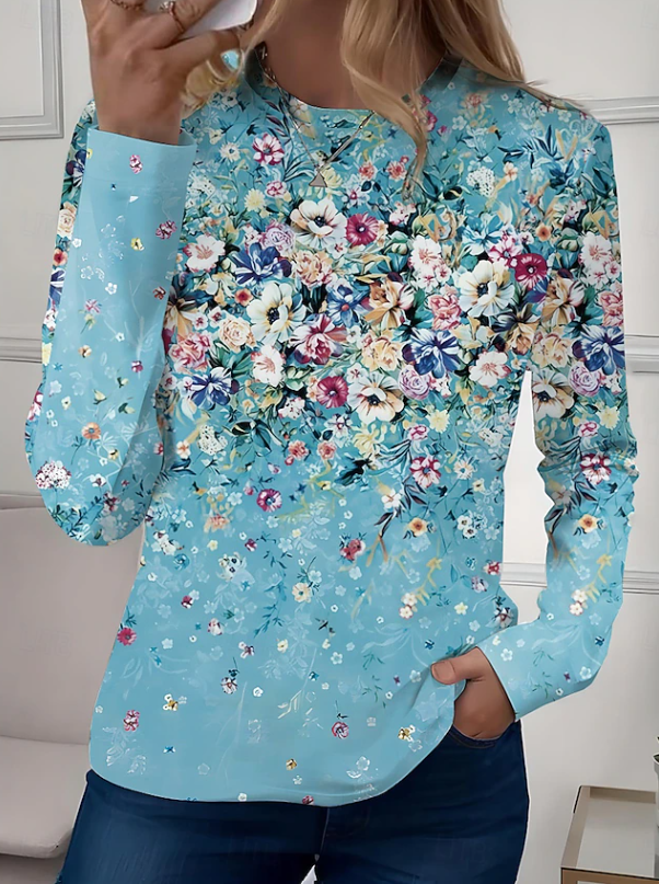 Robyn | Casual Long Sleeves Crew Neck Floral Shirt — Blue — Alfa Empire, view 3