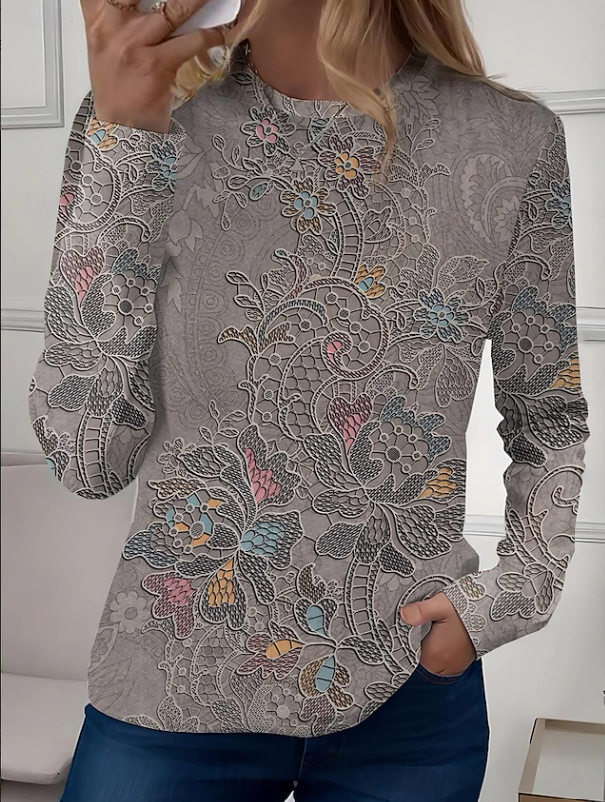 Robyn | Casual Long Sleeves Crew Neck Floral Shirt — Gray — Alfa Empire, view 4