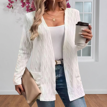 Rosalie | Textured Open-Front Longline Cardigan with Pockets — White — Alfa Empire, view 1
