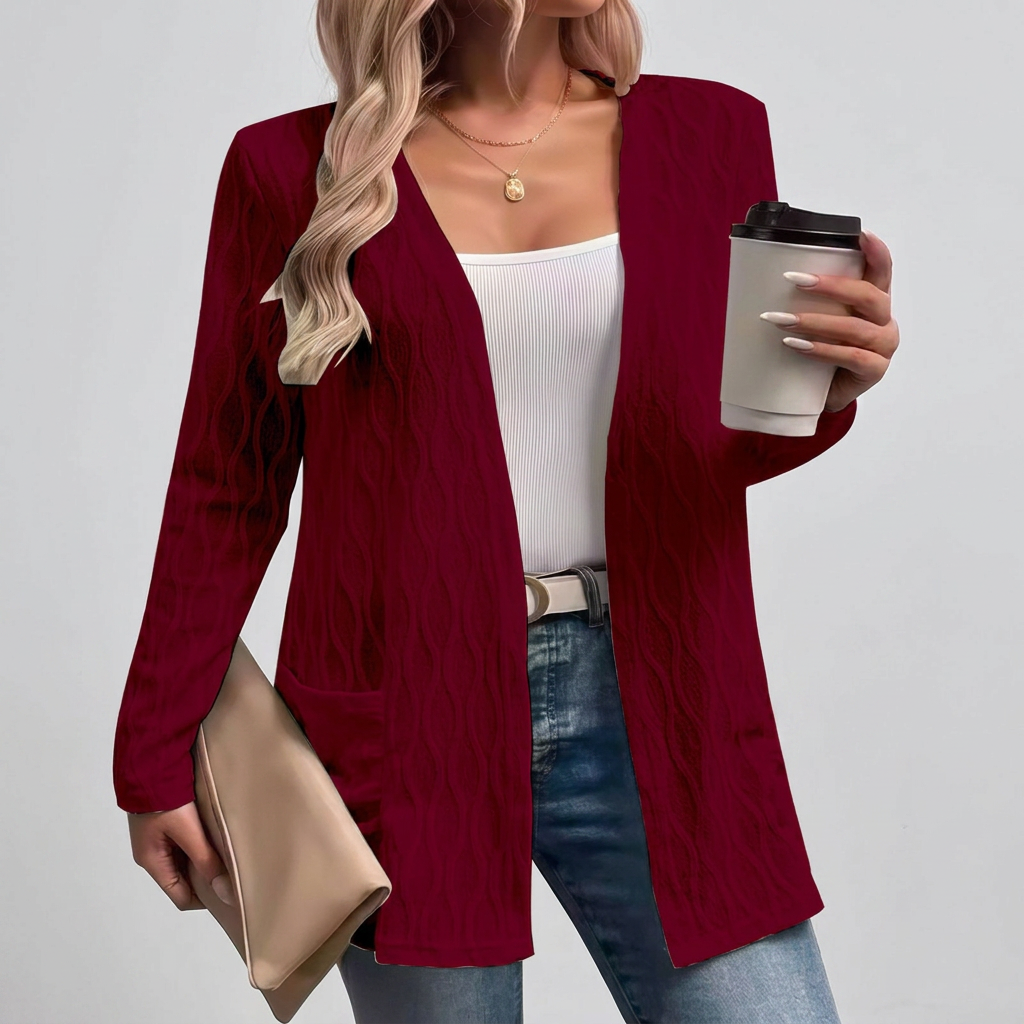 Rosalie | Textured Open-Front Longline Cardigan with Pockets — Red — Alfa Empire, view 2