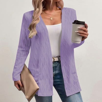 Rosalie | Textured Open-Front Longline Cardigan with Pockets — Purple — Alfa Empire, view 3