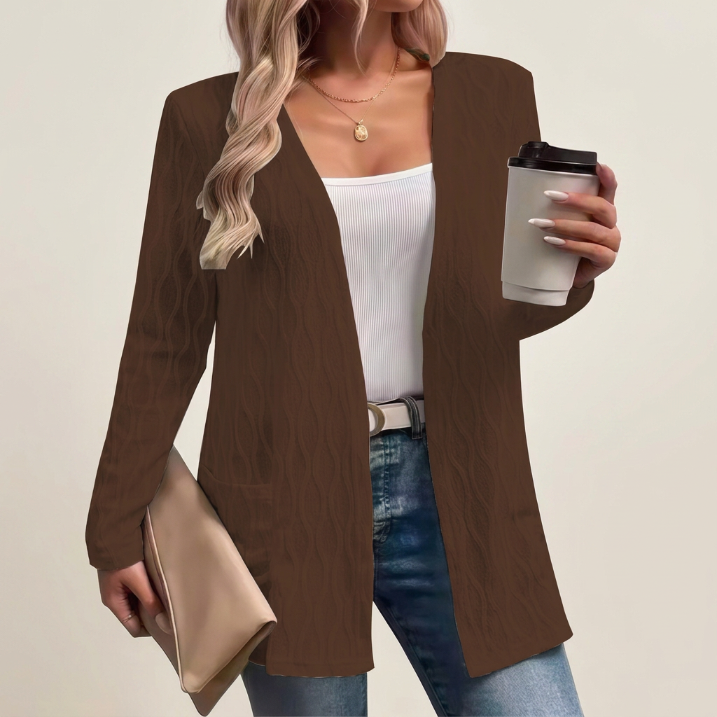 Rosalie | Textured Open-Front Longline Cardigan with Pockets — Brown — Alfa Empire, view 4