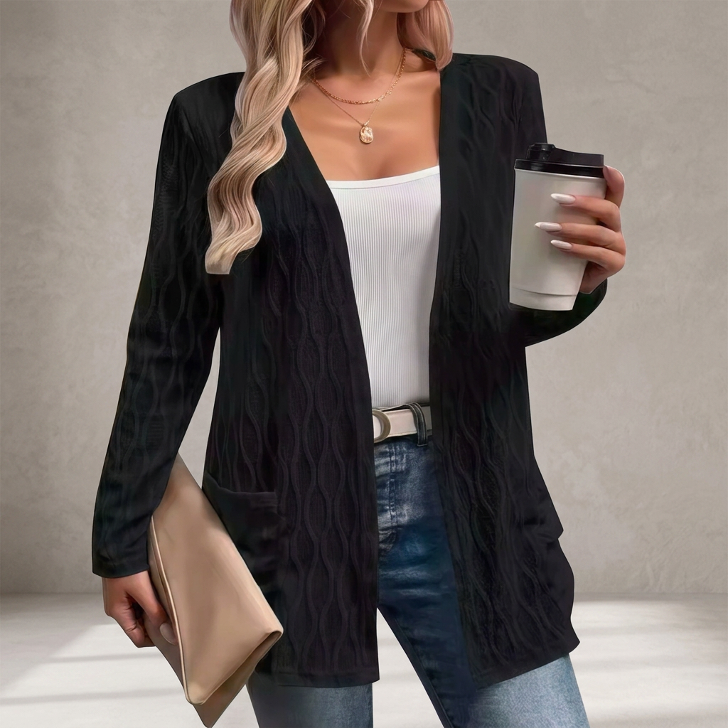 Rosalie | Textured Open-Front Longline Cardigan with Pockets — Black — Alfa Empire, view 5