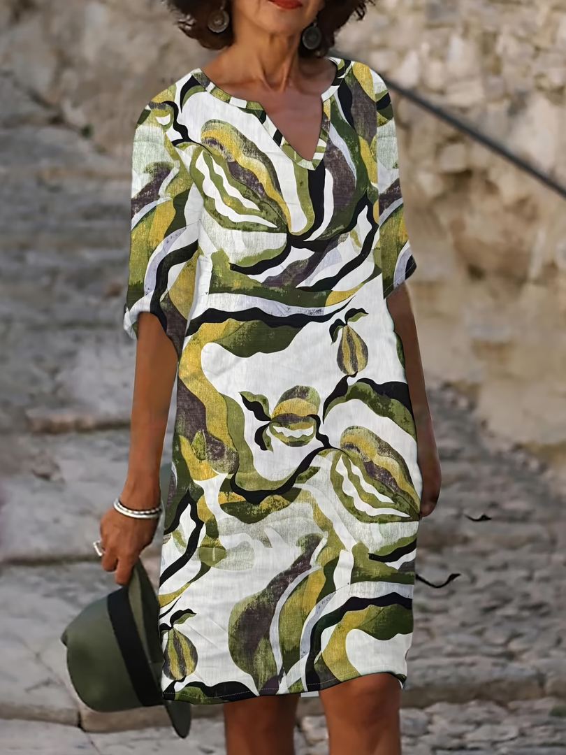 Rosaline | Refined Printed Summer Dress — Green, Yellow — Alfa Empire, view 1