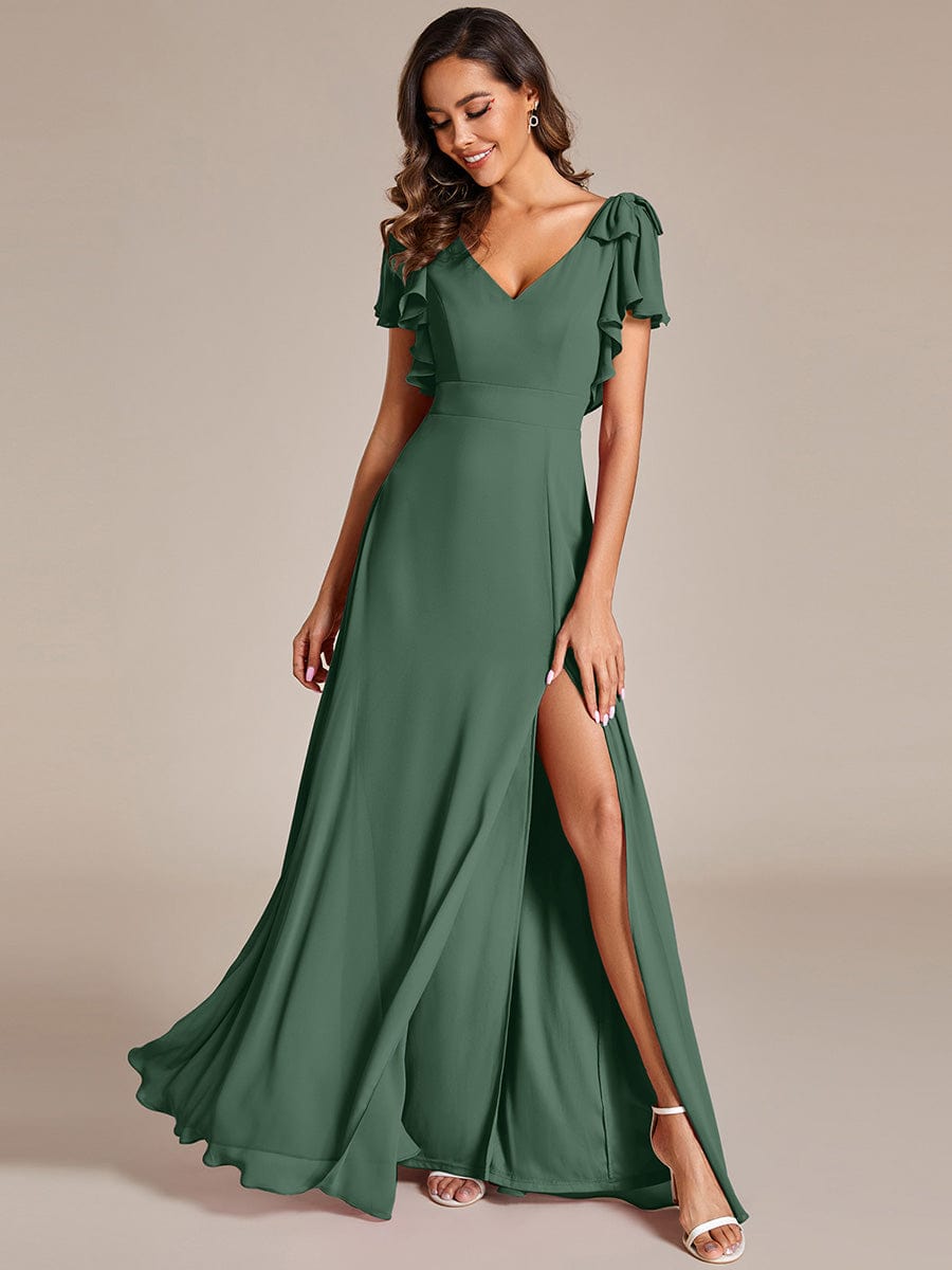 Chiffon Short Sleeve with Bowknot High Front Slit A-Line Bridesmaid Dress — Eucalyptus