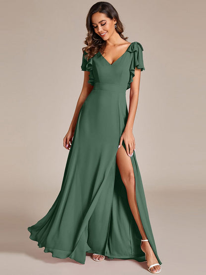 Chiffon Short Sleeve with Bowknot High Front Slit A-Line Bridesmaid Dress — Eucalyptus
