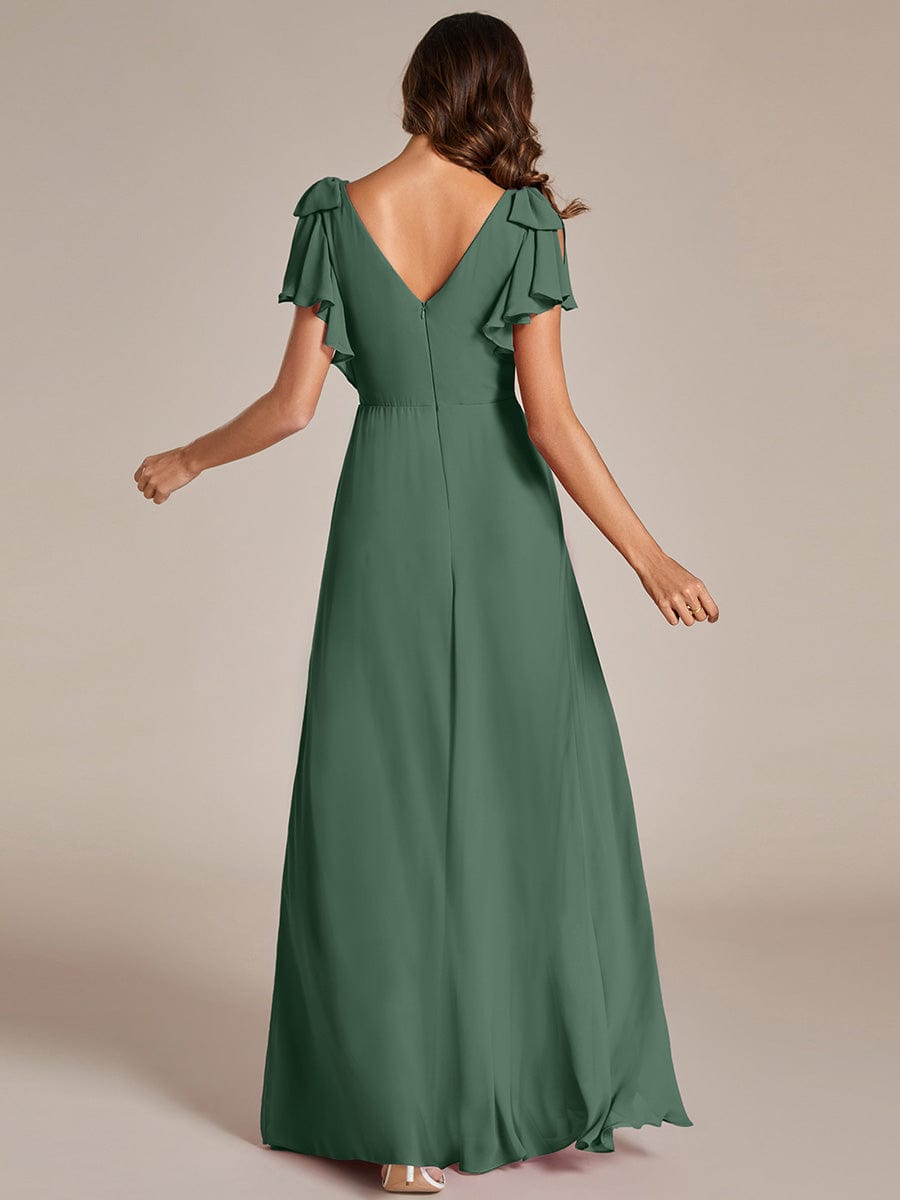 Chiffon Short Sleeve with Bowknot High Front Slit A-Line Bridesmaid Dress