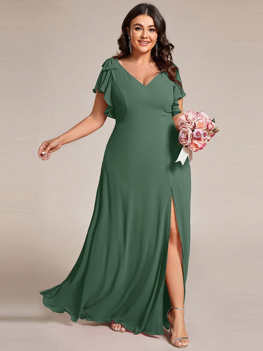 Chiffon Short Sleeve with Bowknot High Front Slit A-Line Bridesmaid Dress
