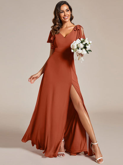 Chiffon Short Sleeve with Bowknot High Front Slit A-Line Bridesmaid Dress — Burnt Orange